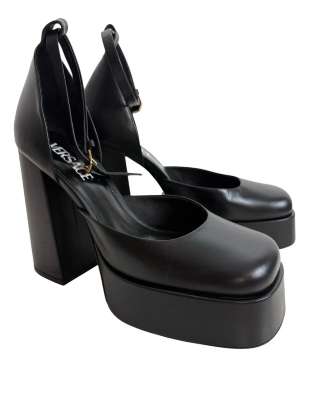 NEW Versace Medusa Aevitas Platform Pumps Black Leather Ankle Strap Heels IT 38
